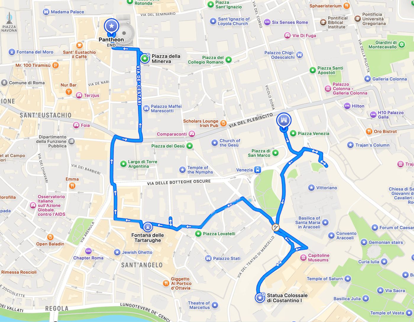 Mappa del percorso: da Piazza Venezia al Pantheon