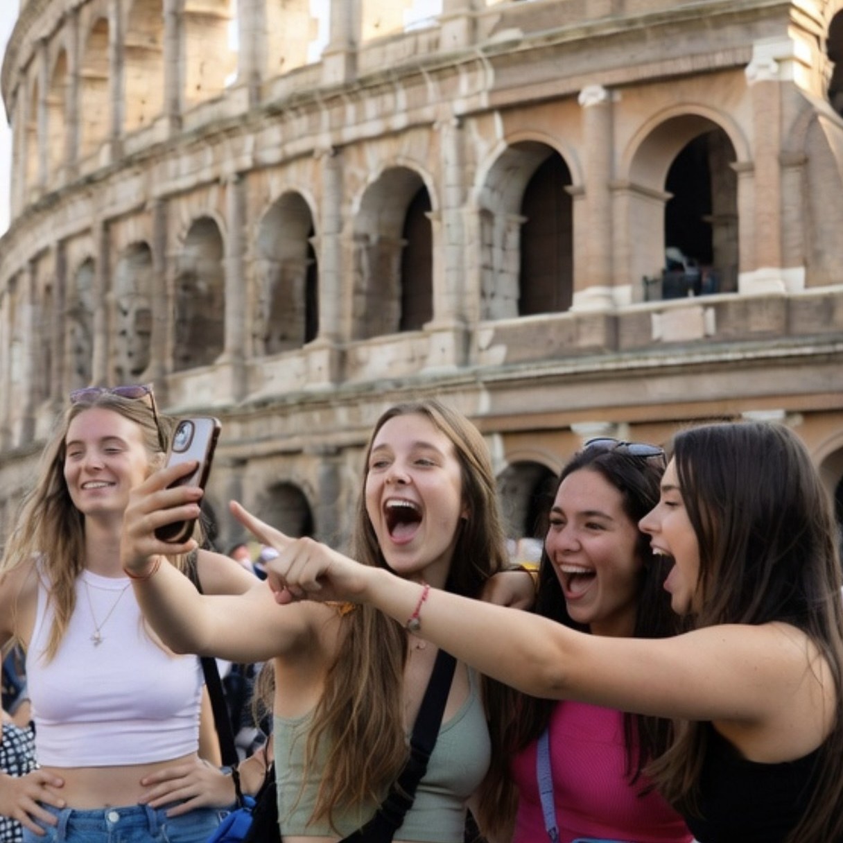 Un gruppo di amici al Colosseo durante il percorso