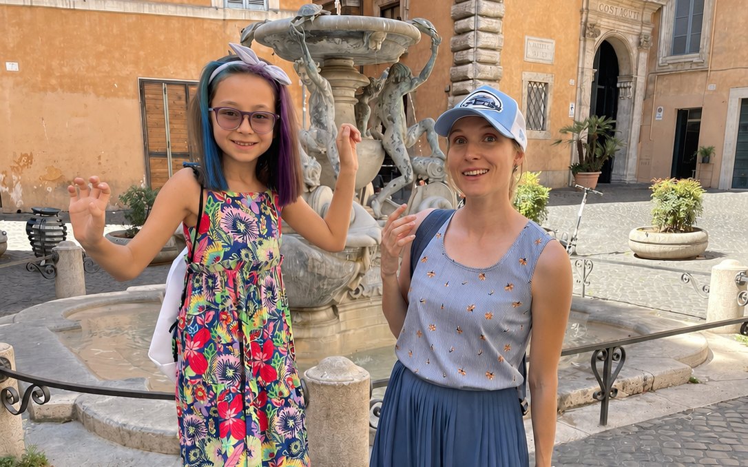 Mamma e figlia davanti alla fontana di piazza Mattei